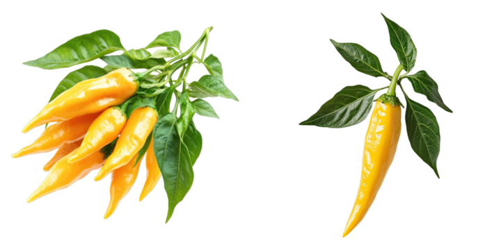 Freshly harvested yellow chili peppers with vibrant green leaves, a visual treat