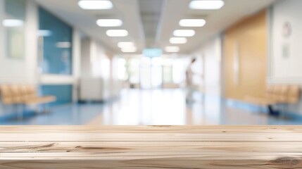 A blurred view of a hospital corridor with wooden table in the foreground. The corridor features benches and bright lighting.