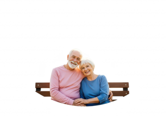 Happy elderly couple sitting on a park bench, isolated on transparent background