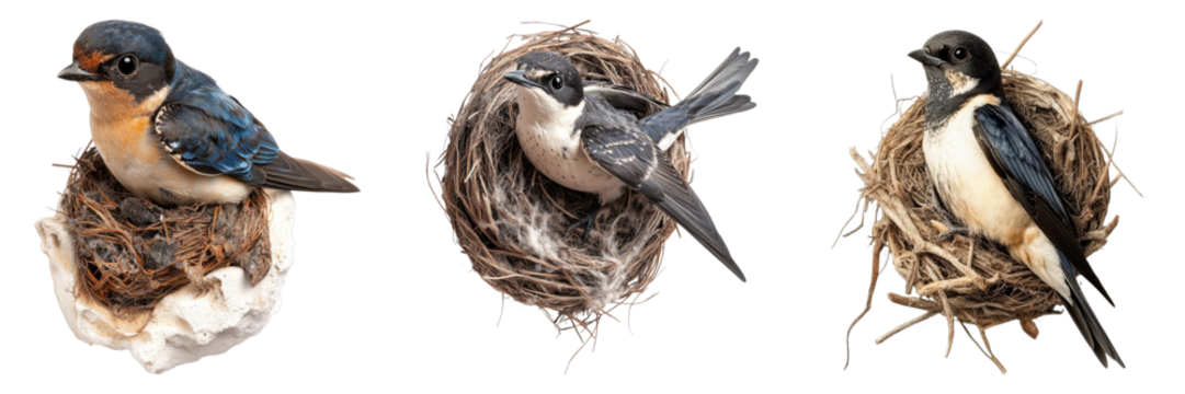 A trio of swallows perched on their nests, showcasing avian life