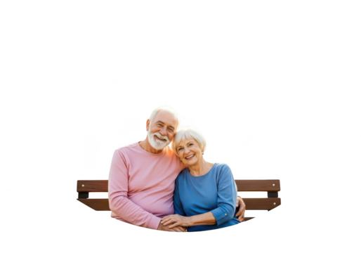 Happy elderly couple sitting on a park bench, isolated on transparent background