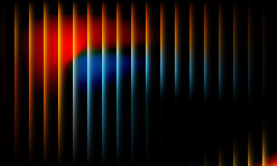 Abstract vertical glowing neon light streaks in vibrant red blue and orange against a dark...