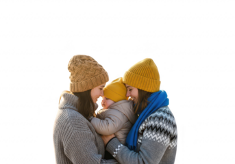 Two women and a baby in winter clothing, embracing and looking at each other with love isolated on transparent background