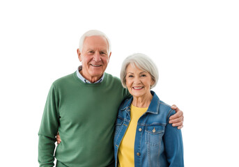 Elderly couple smiling and embracing, isolated on transparent background