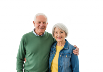 Elderly couple smiling and embracing, isolated on transparent background