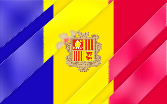Andorra's vibrant flag features an artistic rendering with diagonal bands of blue, yellow and red, incorporating the coat of arms, conveying a sense of national pride and identity.