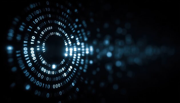 Enhancing Cybersecurity With Digital Information Technology To Protect Against Cyber Threats. Utilizing Data Analytics And Data Science To Analyze Binary Code On A Dark Blue Background.