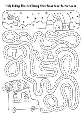 Christmas village black and white maze with bird driving car with presents home. Line labyrinth game with animal driver bringing tree to house. Winter holiday printable activity, coloring page