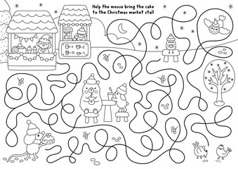 Obraz premium Christmas village black and white maze with mouse bringing cake to market stall or fair. Line labyrinth game with animal, holiday treat, snowy landscape. Winter printable activity, coloring page