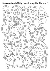 Naklejka premium Christmas village black and white maze with elf bringing scarf to snowman. Line labyrinth game with traditional character, snowy tree. Winter holiday printable activity, worksheet, coloring page