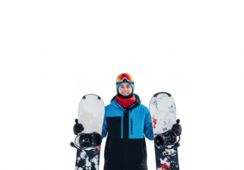 Person in winter clothing holding two snowboards, ready for snowboarding isolated on transparent background