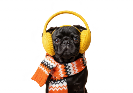 Cute pug dog wearing yellow earmuffs and a colorful scarf, isolated on transparent background