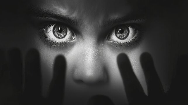 A haunting black-and-white portrait of a young girl with striking eyes, conveying emotions of fear and curiosity.
