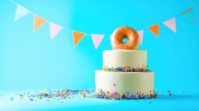 Colorful two-tier cake with donut topper and sprinkles on blue background - Powered by Adobe