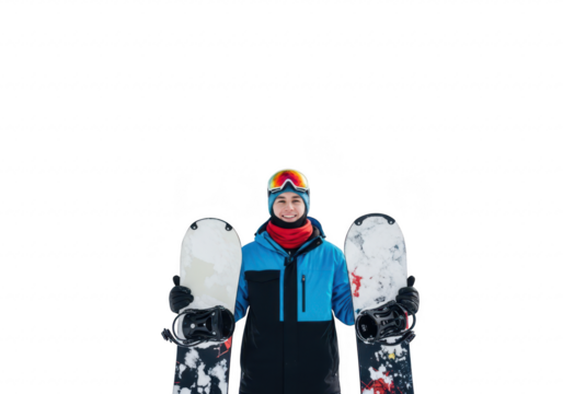 Person in winter clothing holding two snowboards, ready for snowboarding isolated on transparent background