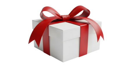 White gift box with red ribbon and bow isolated on transparent background