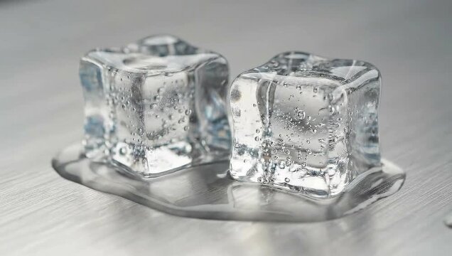 Two clear ice cubes slowly melting on a metallic surface, creating a small puddle of water, showcasing the process of phase transition from solid to liquid.