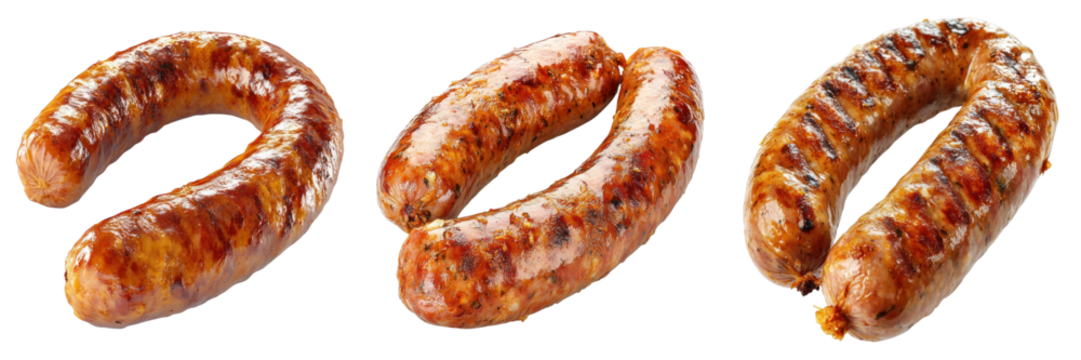 Grilled sausages arranged artfully, inviting the viewer to savor the flavors and textures. The sausages showcase a perfect char and appetizing golden brown hues. 