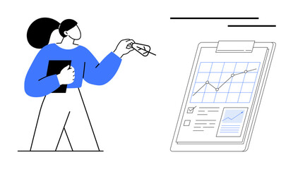 Person holding a tablet, gesturing toward clipboard with chart, graphs, and checklist. Ideal for business strategy, research, planning, report analysis education presentations teamwork. Simple