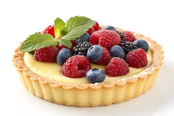 Gourmet Fruit Tartlet with Berries on a White Background