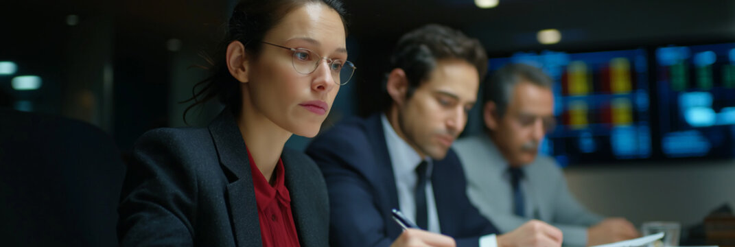 A diverse group of business professionals engaged in a serious meeting, showcasing intense focus and collaboration to drive important decisions in a corporate environment.