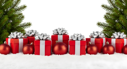 Row of red christmas gift boxes with silver bows and ornaments isolated on transparent background