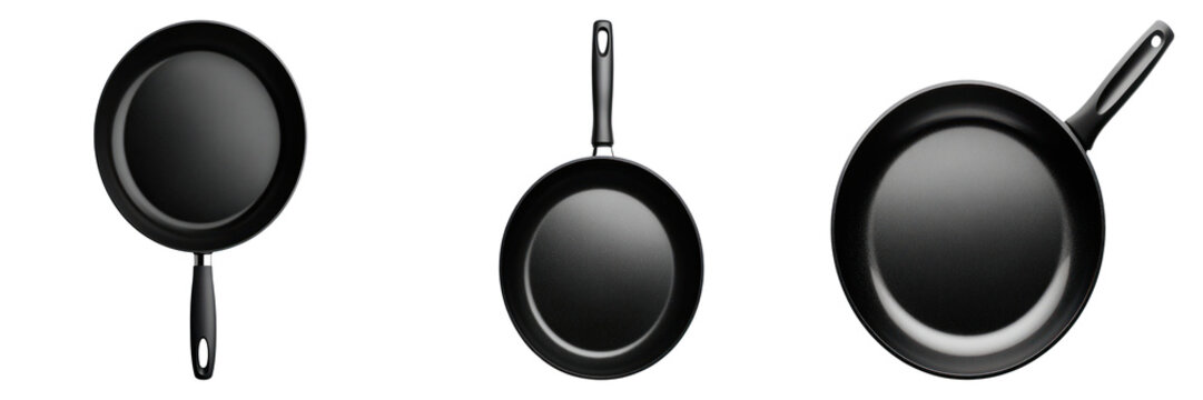 Set of black frying pans displayed in different angles. These cooking essentials are perfect for culinary creations