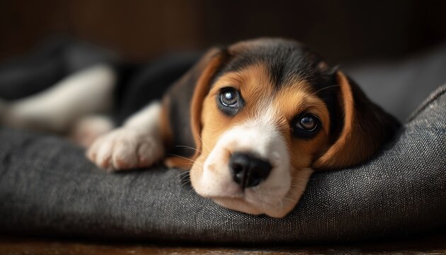 Common Diseases In Puppies: A Sick Beagle Lying On A Dog Bed, Showing Signs Of Illness And Distress At Home.