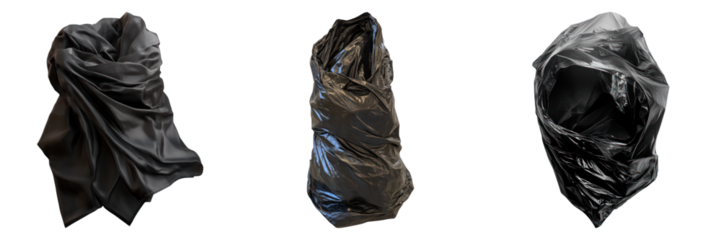 Three black garbage bags arranged in a row, with their shapes and textures clearly visible. They stand in stark contrast to their surroundings