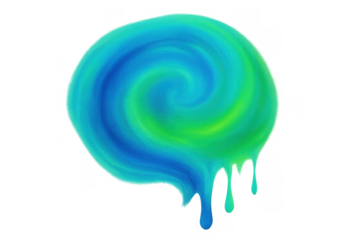 Swirling blue and green paint forming a melting global shape representing climate change, on transparent background