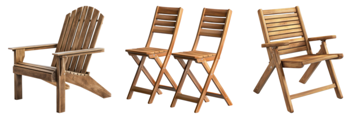 A set of wooden chairs, including an Adirondack chair, folding chairs, and a slatted armchair. These chairs are perfect for outdoor settings. 