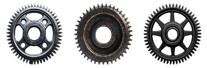 Three metallic gears of varying designs are displayed against a pristine background, showcasing intricate mechanical details and industrial aesthetics