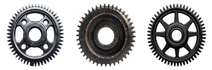 Three metallic gears of varying designs are displayed against a pristine background, showcasing intricate mechanical details and industrial aesthetics