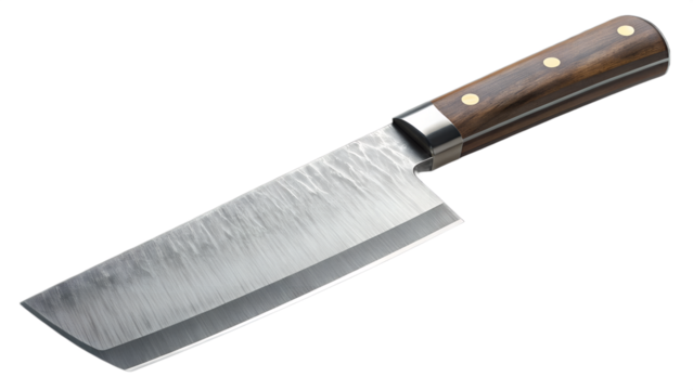 Heavy-duty cleaver knife, isolated on transparent background, metallic reflections and sharp edge.