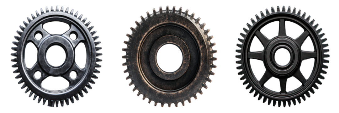 Three metallic gears of varying designs are displayed against a pristine background, showcasing intricate mechanical details and industrial aesthetics - Powered by Adobe
