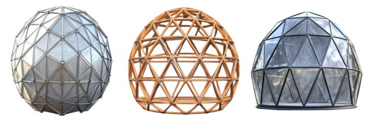 Architectural renderings showcasing three unique geodesic dome designs, with distinct construction materials