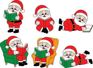 Santa Claus, reading book, cartoon character, holiday illustration, Christmas theme, festive pose, educational concept, cozy scene, seasonal art, storytelling