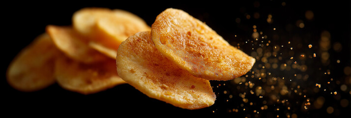 A close-up of golden crispy potato chips suspended amidst particles, exemplifying delicious snacks that evoke fun and enjoyment for casual gatherings and personal munching.