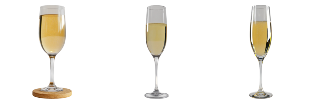 Three elegant champagne flutes filled with sparkling champagne, ready for a celebratory toast. The light catches the effervescence