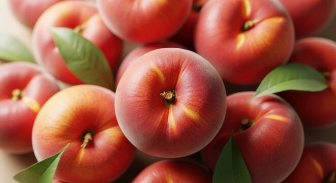 Closeup of fresh ripe peaches with leaves. Organic summer fruit harvest for healthy eating. Natural food and wellness concept for gourmet culinary marketing