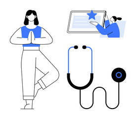 Person practicing yoga, stethoscope symbolizing health care, and another person engaging with a certificate of achievement. Ideal for health, self-improvement, learning, wellness, balance
