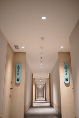 Symmetrical, modern hotel corridor leading to light, with stylish light wood doors and blue room number signs. Minimalist interior design