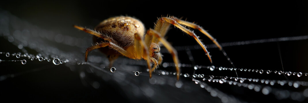 A captivating close-up of a spider waiting on its web adorned with glistening dewdrops, showcasing nature's intricate beauty and the delicate balance of life and survival.