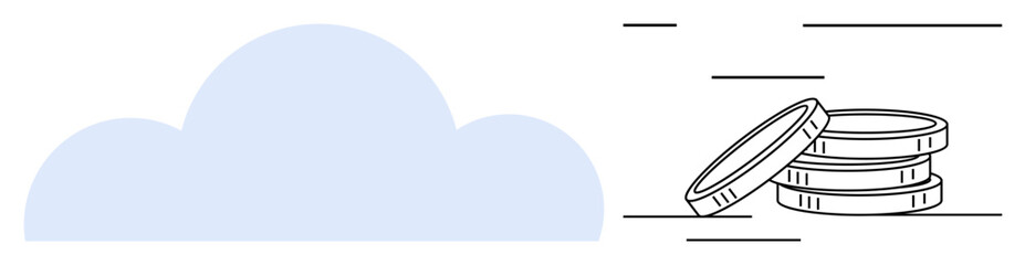 Cloud and stacked coins with linear accents represent technology, data storage, economy, savings, finance, digital economy, and minimalism. Ideal for tech, fintech or economic communication in