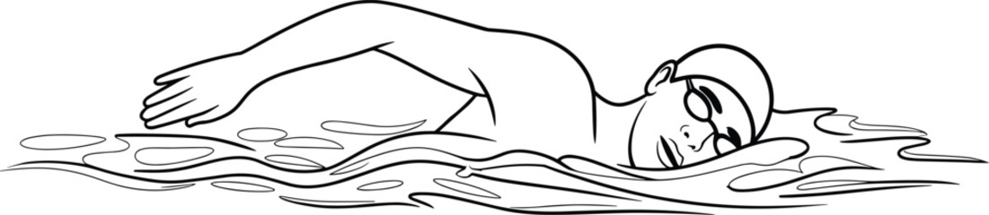 Fototapeta premium Freestyle swimmer, swimming stroke, water motion, athletic training, sports illustration, swim technique, goggles, swim cap, fitness, dynamic movement, ripples