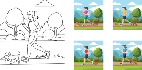 Obraz premium Set of woman jogging with dog in different styles outline, silhouette and colored version