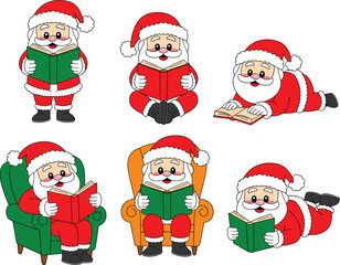 Santa Claus, reading book, cartoon character, festive illustration, Christmas theme, cozy poses, holiday literacy, storytelling, seasonal art, educational concept