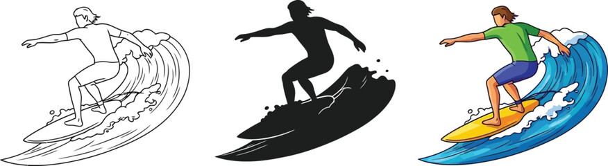 Surfer riding a wave, line art, silhouette, and color illustration