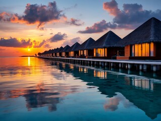 Obraz premium Luxury overwater bungalows at sunset in maldives, relaxing tropical paradise getaway