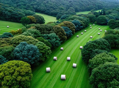 aerial view of a large field with bales and grazing cows in the english countryside, surrounded by trees and green fields